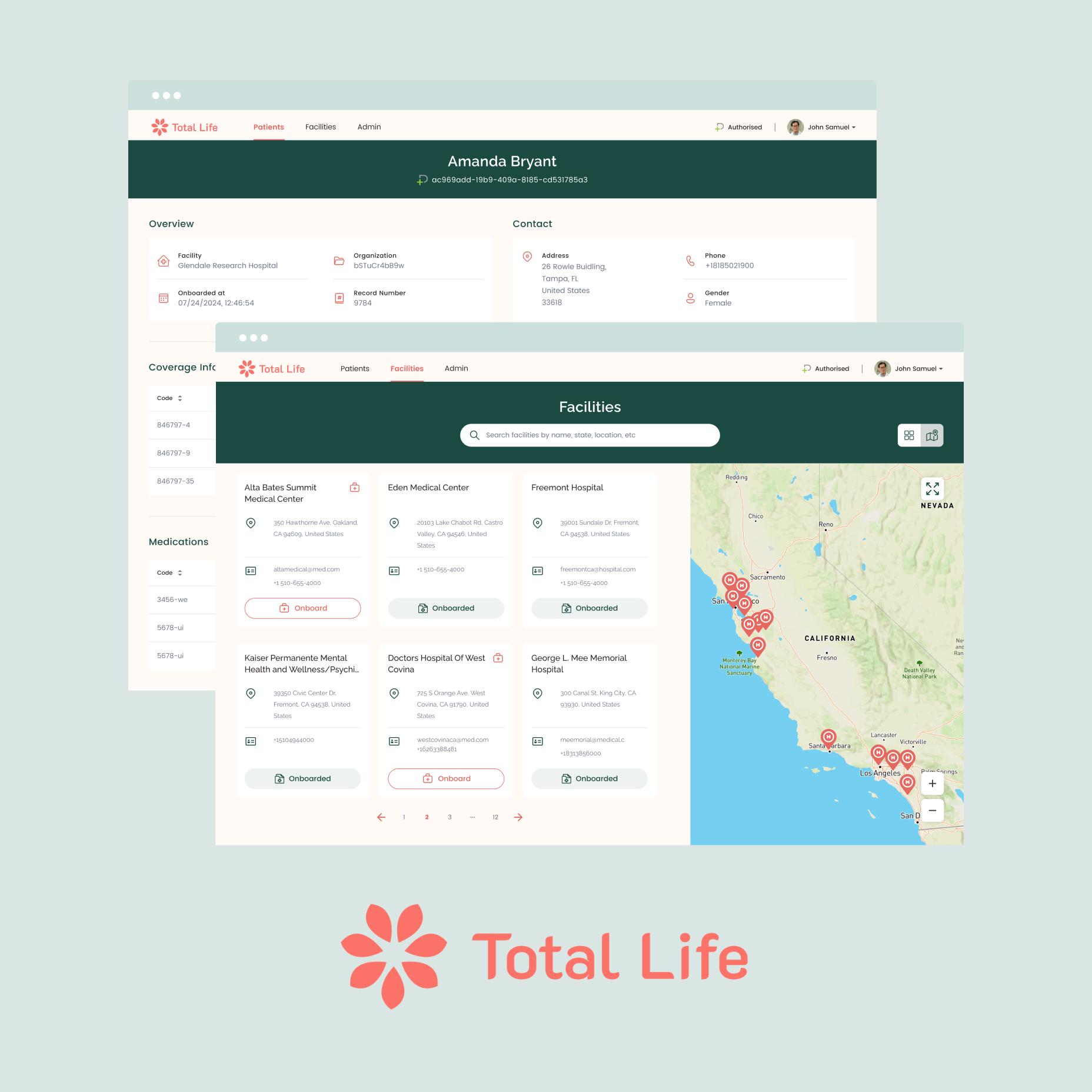 Screenshots of the Total Life web app showing healthcare facilities and patient details.