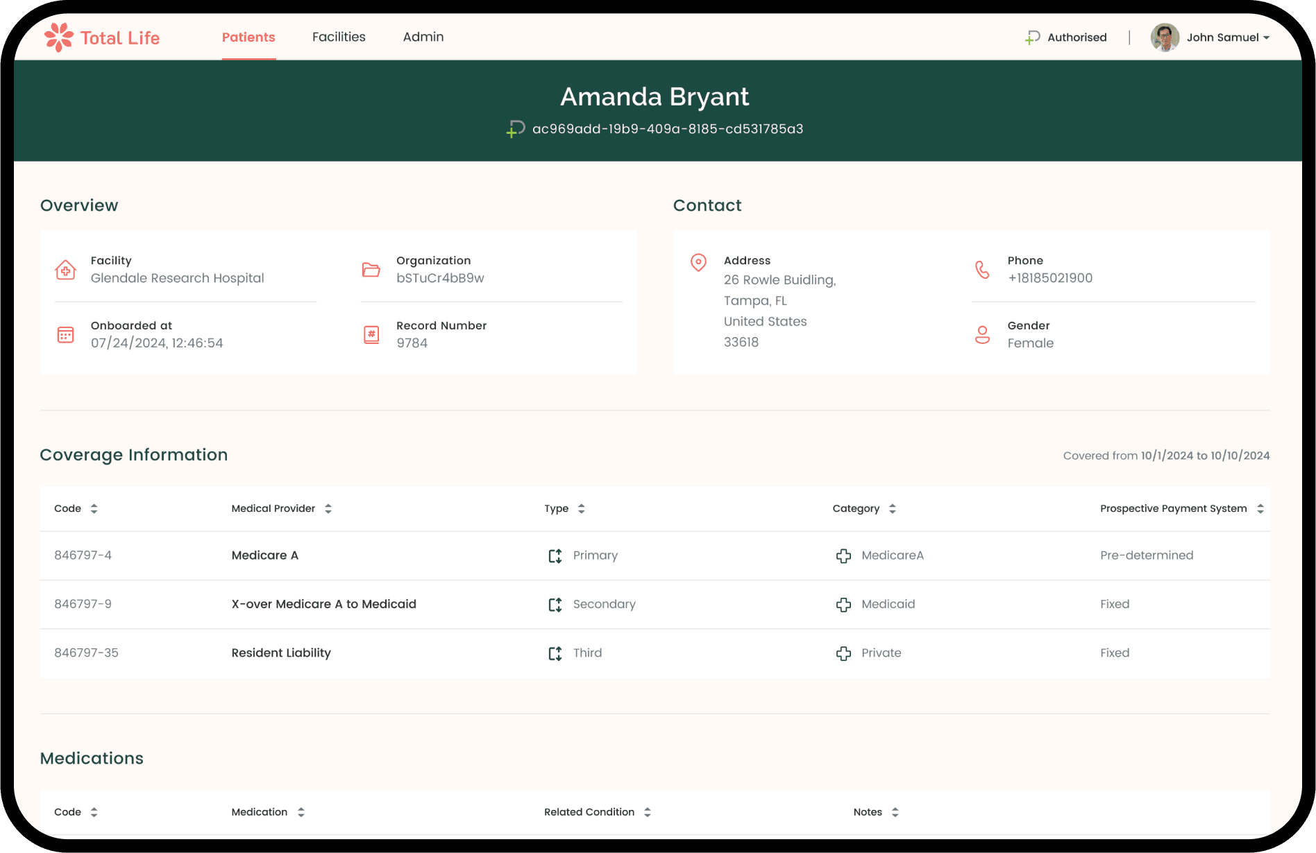 An iPad displaying the Total Life patient details screen