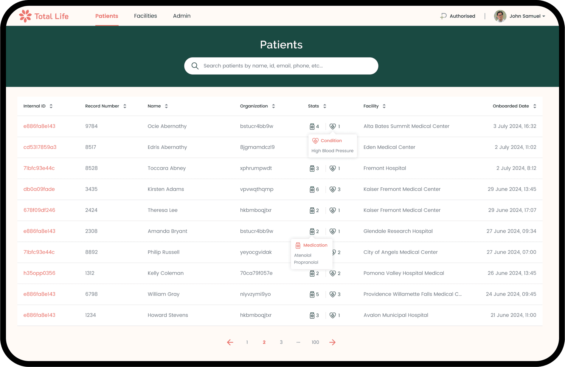 An iPad displaying the Total Life patient list screen