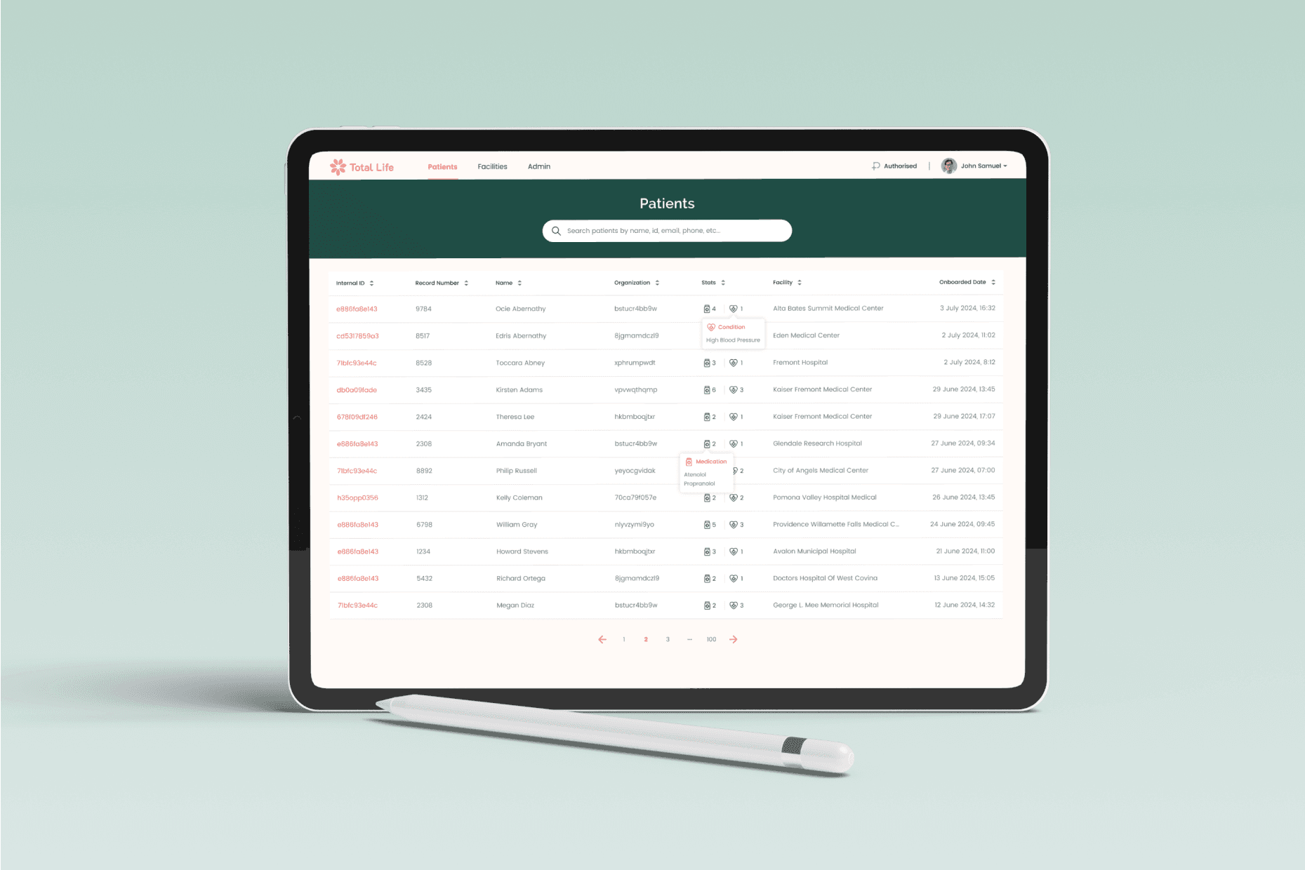 An iPad displaying the Total Life patient list screen